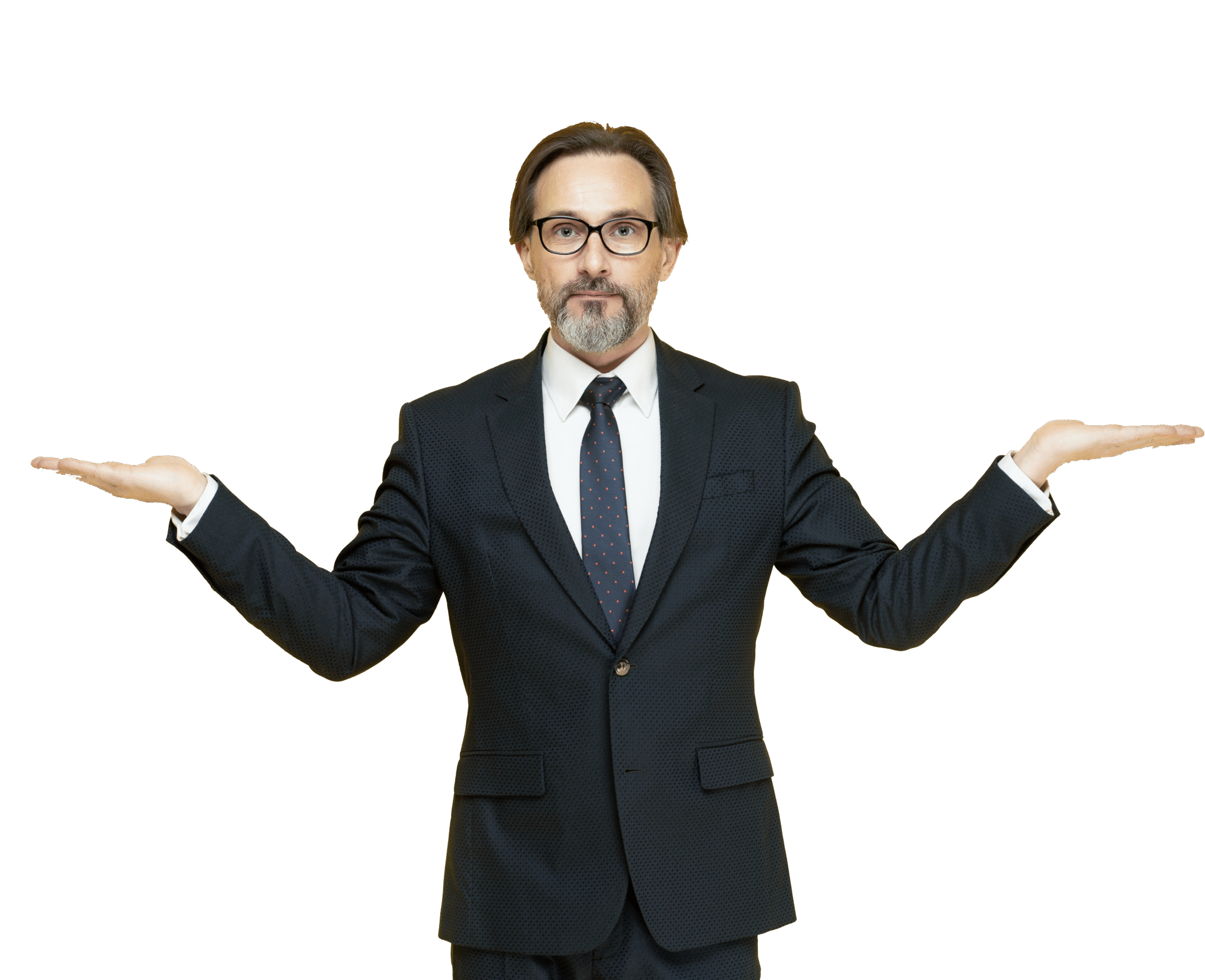 pesant-ou-equilibrant-un-homme-d-affaires-d-age-moyen-avec-les-mains-tendues-sur-le-cote-en-regardant-la-camera-isolee-sur-fond-jaune